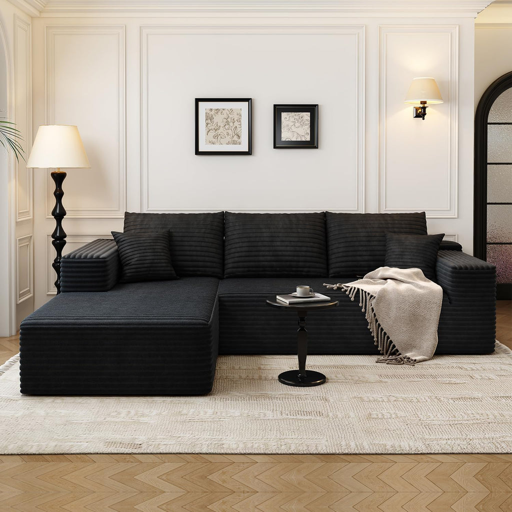 107.5' Cloud Modular Sectional Sofa Couch with L-Shape Chaise,Modern Minimalist Upholstered Couches for Living Room Bedroom,Deep Seat Corner Couch，No Assembly Required (Black,Left Facing Chaise)