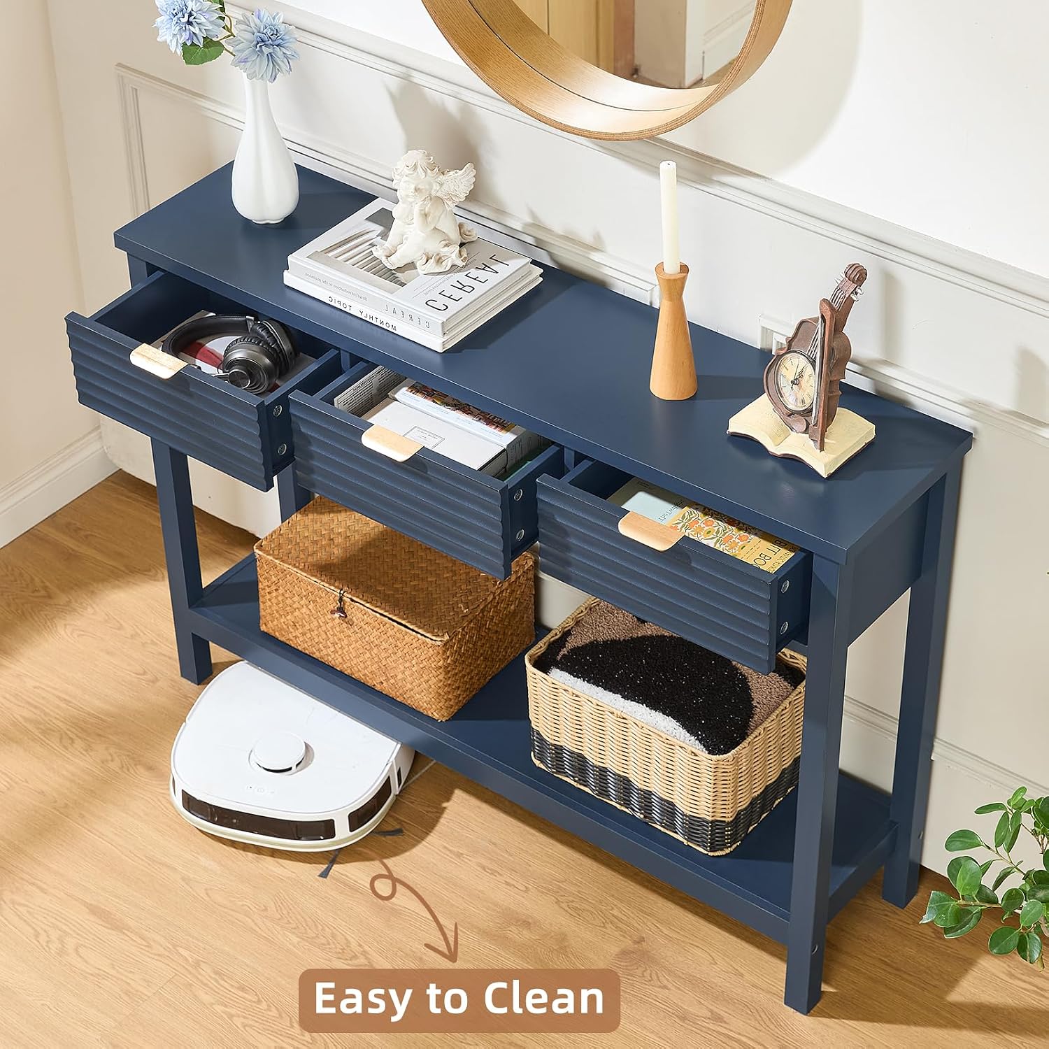 LEYAOYAO Fluted 47.2' Console Table with 3 Drawers, Modern Wood 2 Tier Entryway Table with Open Storage Shelf, Sofa Entry Tables Behind Couch for Living Room, Hallway, Entrance Foyer, Dark Navy Blue
