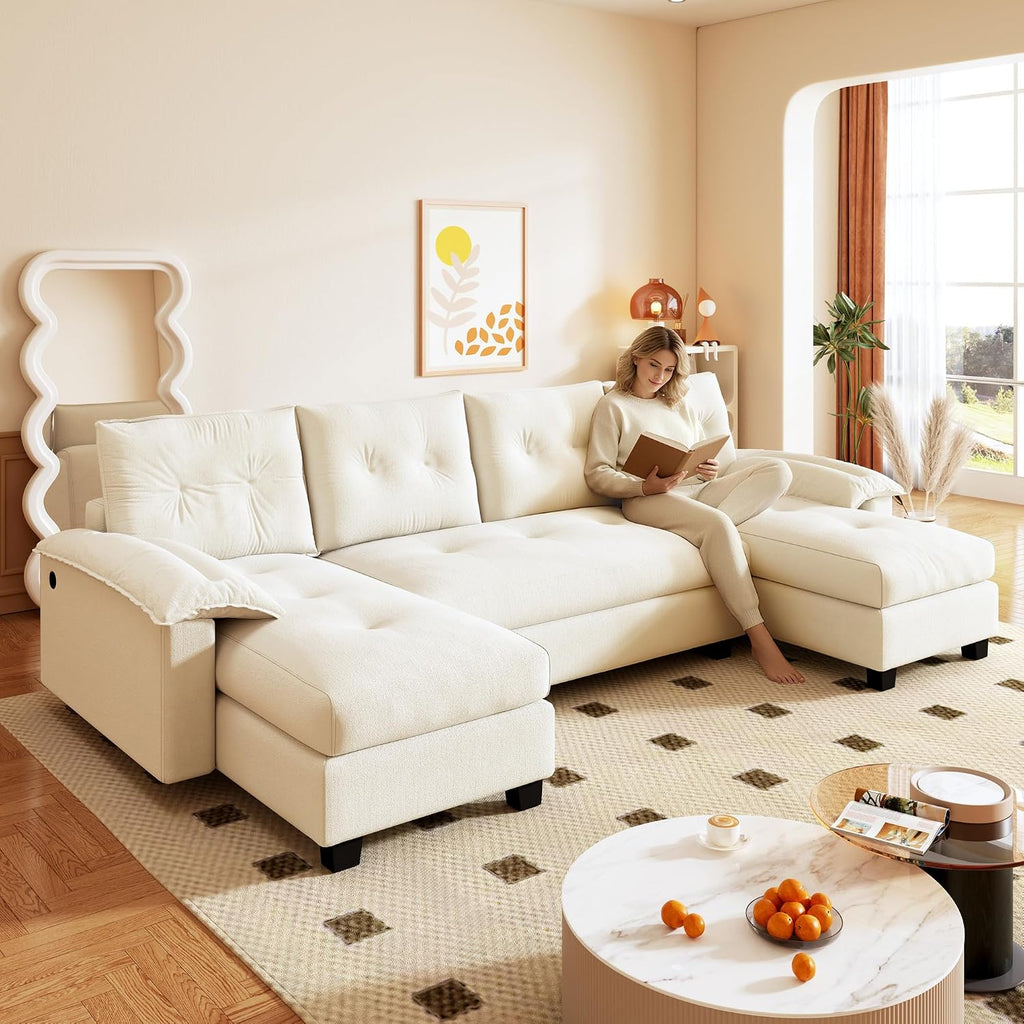 104.7' U-Shaped Sleeper Sofa with Pull Out Bed, 2 in 1 Convertible Couch Bed with Removable Armrests & USB Ports, Oversized Sectional Modular with Chaise Lounge for Living Room/Apartment