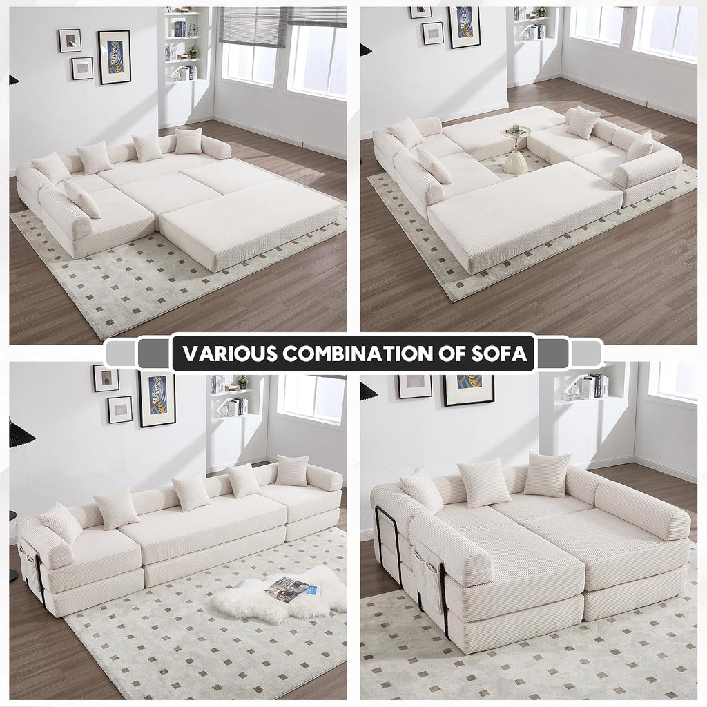 Oversized Modular Cloud Couch for Living Room, Corduroy L-Shaped Sectional Sleeper Sofa Bed with Fixed-Shape Frame, Modern Boneless Couch with Pillows & Storage, Beige White