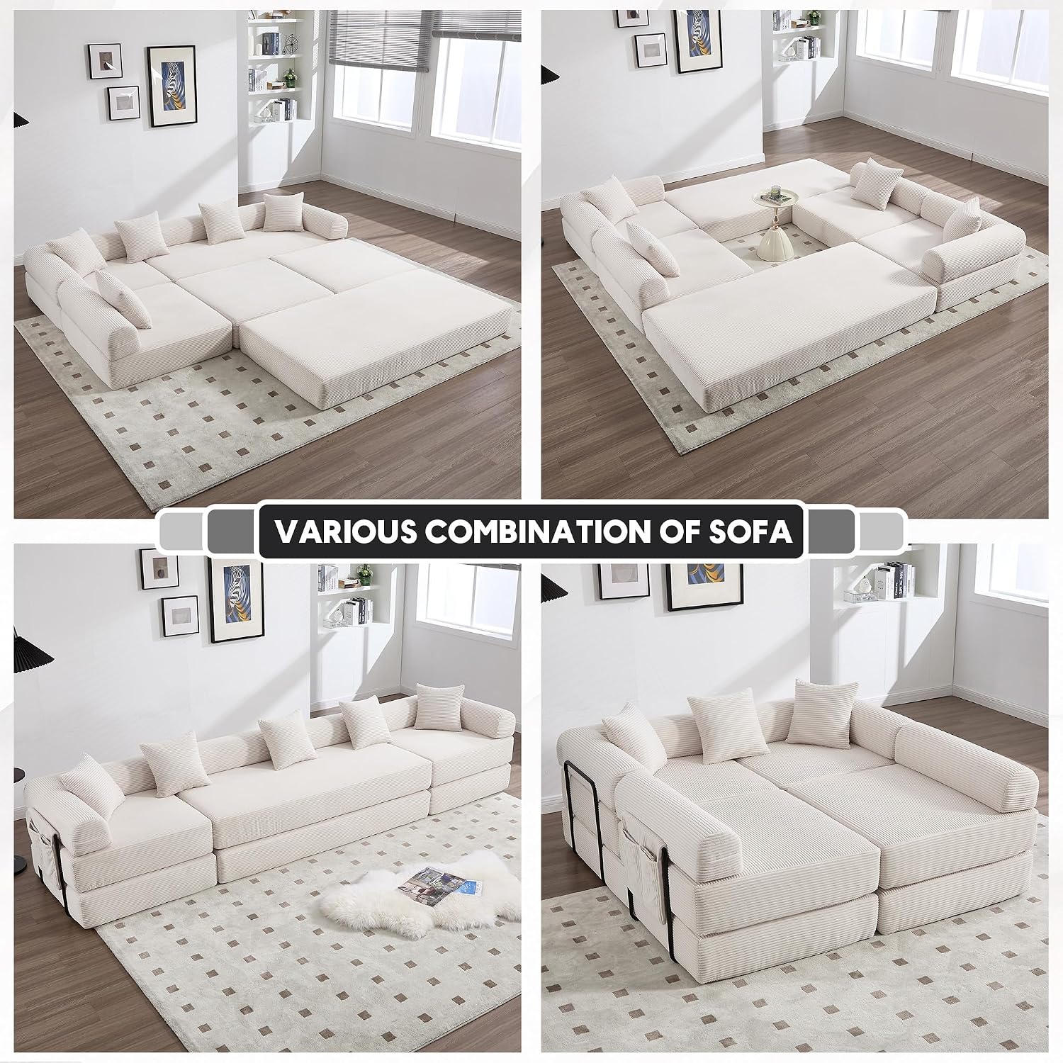 Oversized Modular Cloud Couch for Living Room, Corduroy L-Shaped Sectional Sleeper Sofa Bed with Fixed-Shape Frame, Modern Boneless Couch with Pillows & Storage, Beige White