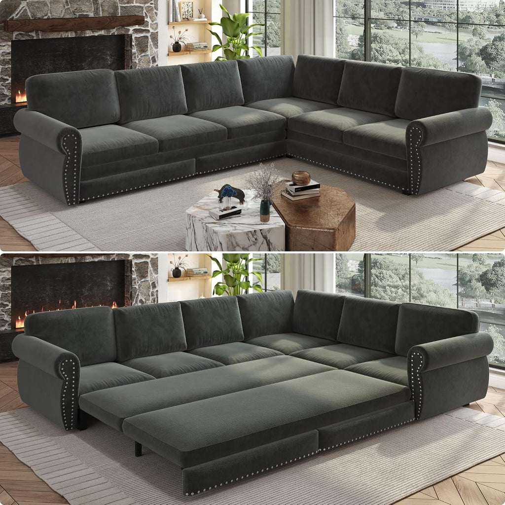 118'' Sleeper Sofa Bed with Pull Out Couch Bed, Chenille L Shaped Sectional Sofa with Nailhead Trim & Rolled Arm, 6 Seater Corner Sectional Couches for Living Room Furniture, Dark Grey