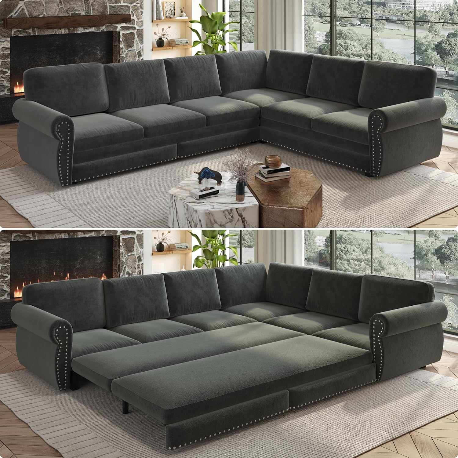 118'' Sleeper Sofa Bed with Pull Out Couch Bed, Chenille L Shaped Sectional Sofa with Nailhead Trim & Rolled Arm, 6 Seater Corner Sectional Couches for Living Room Furniture, Dark Grey