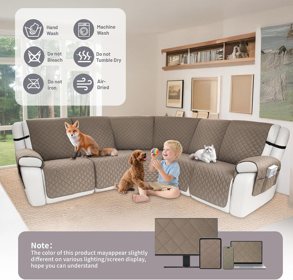 Waterproof Sectional Reclining Couch Covers L Shaped Recliner Sectional Sofa Cover 7 Piece Non Slip Washable Corner Recliner Slipcover Set for Pet Dog (5 Seater Cover, Camel)