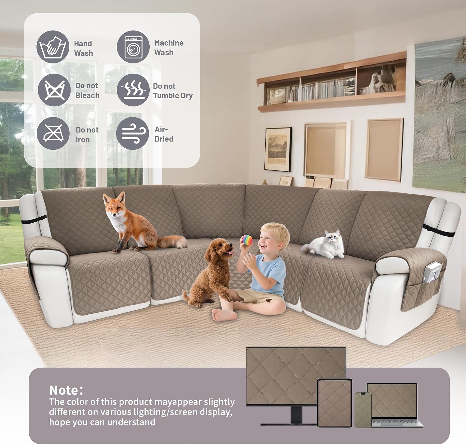 Waterproof Sectional Reclining Couch Covers L Shaped Recliner Sectional Sofa Cover 7 Piece Non Slip Washable Corner Recliner Slipcover Set for Pet Dog (5 Seater Cover, Camel)