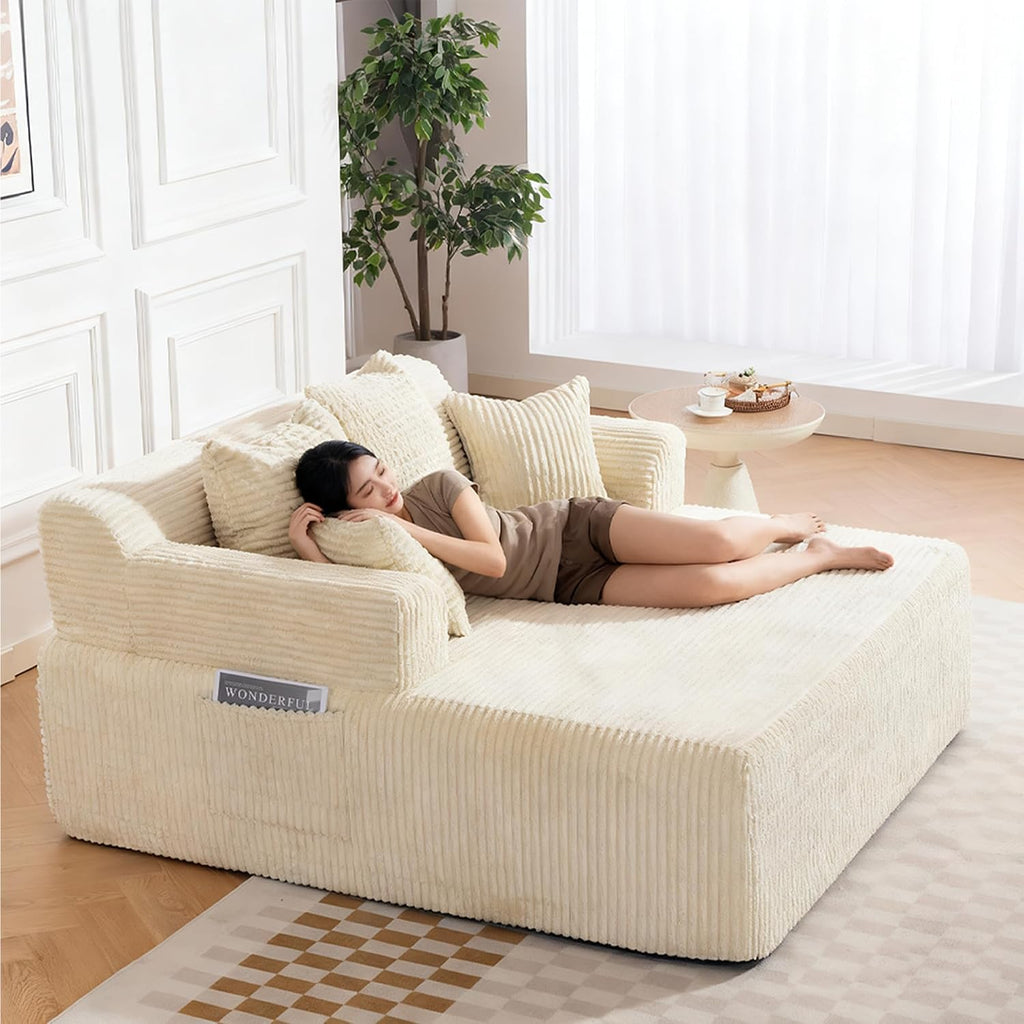 58' Chaise Lounge Chair Indoor, Beige - Oversized Corduroy Boneless Sleeper Sofa Bed with Armrests and 4 Pillows, No Assembly for Living Room