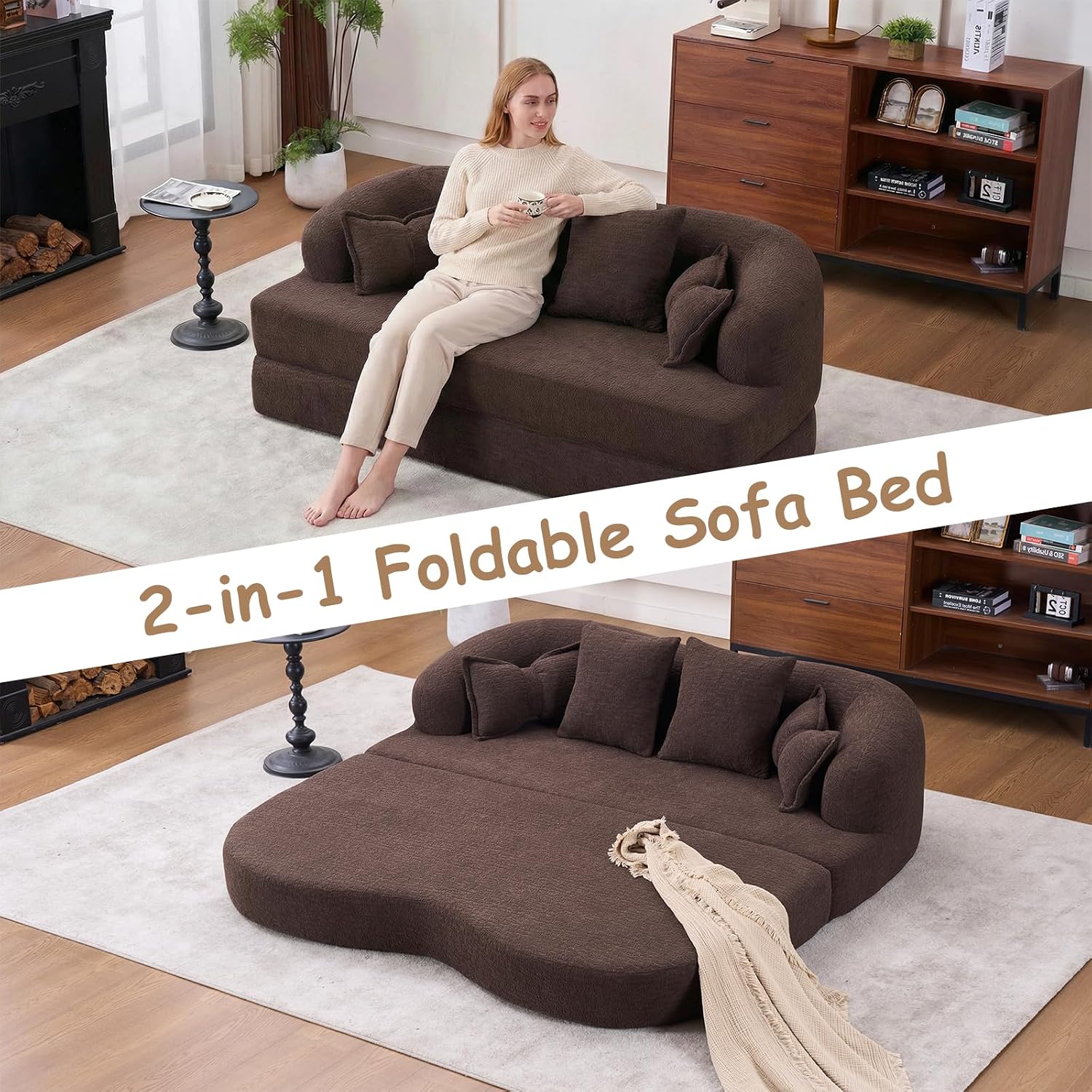 70' Convertible Sofa Bed, 2-in-1 Boneless Sleeper Sofa, Soft Chenille Folding Sofa Loveseat with 4 Pillows, Love Seat Small Couch for Small Spaces, Living Room, Bedroom, No Assembly