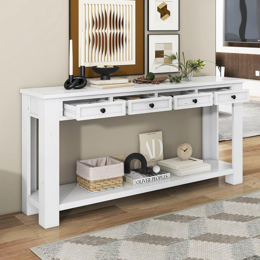GDFStudio Farmhouse Console Table with 4 Drawer 63' Long Rustic Entryway Table with Open Storage Shelves Vintage Metal Handle Narrow Foyer Sofa Tables for Living Room Entryway Hallway, Antique White