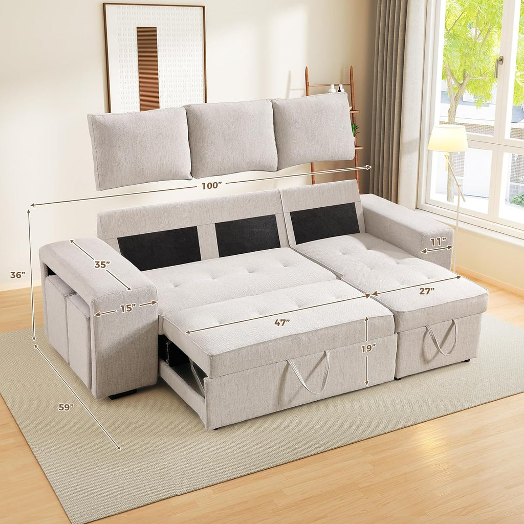 ANJ Chenille Sleeper Sofa Couch with Pullout Bed, 4 in 1 L Shaped Modular Sectional Sofa with Storage Ottoman for Living Room(Beige)
