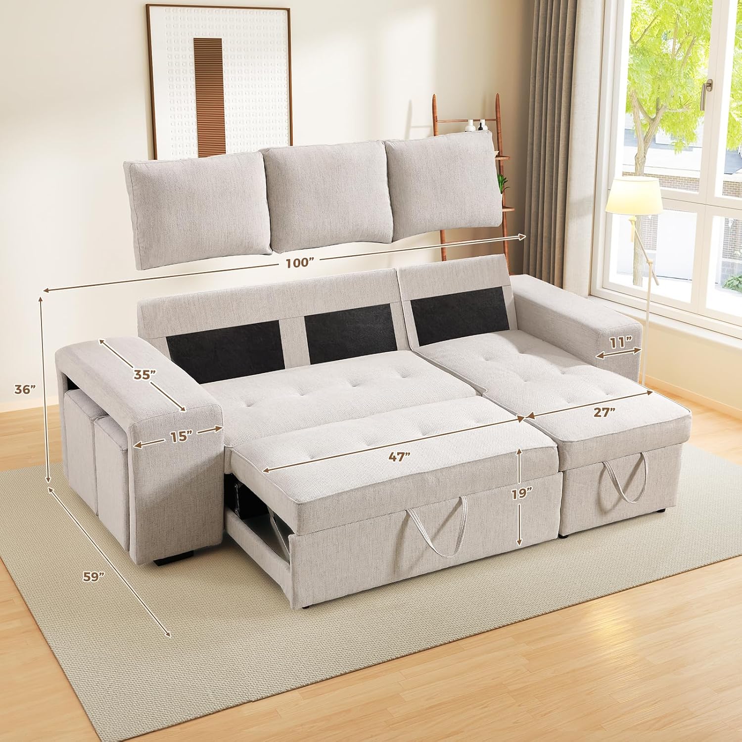 ANJ Chenille Sleeper Sofa Couch with Pullout Bed, 4 in 1 L Shaped Modular Sectional Sofa with Storage Ottoman for Living Room(Beige)