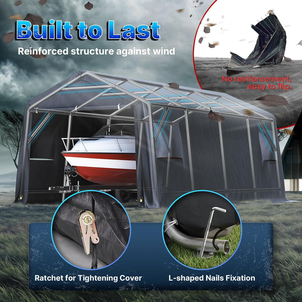 ADVANCE OUTDOOR 10X20 ft Carport Heavy Duty Outdoor Patio Portable Canopy Storage Shelter Shed with 2 Rolled up Zipper Doors & Vents for Snowmobile Garden Tools, Gray