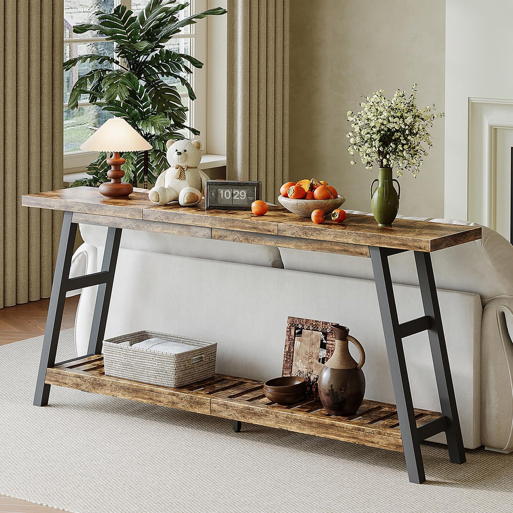 ChooChoo 70.9 Inch Long Console Tables for Entryway, Wood 2-Tier Entry Hallway Table, Narrow Sofa Table Behind Couch Table for Living Room, Entrance, Rustic Brown