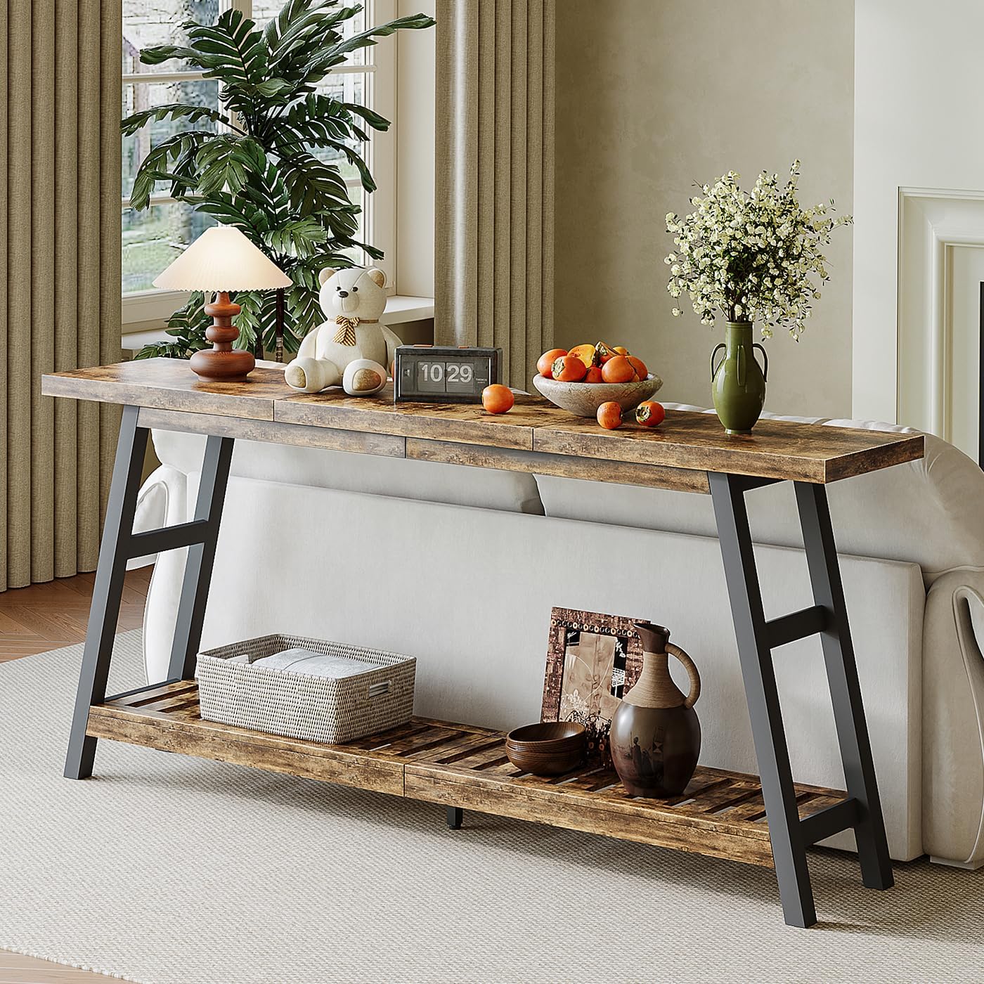 ChooChoo 70.9 Inch Long Console Tables for Entryway, Wood 2-Tier Entry Hallway Table, Narrow Sofa Table Behind Couch Table for Living Room, Entrance, Rustic Brown