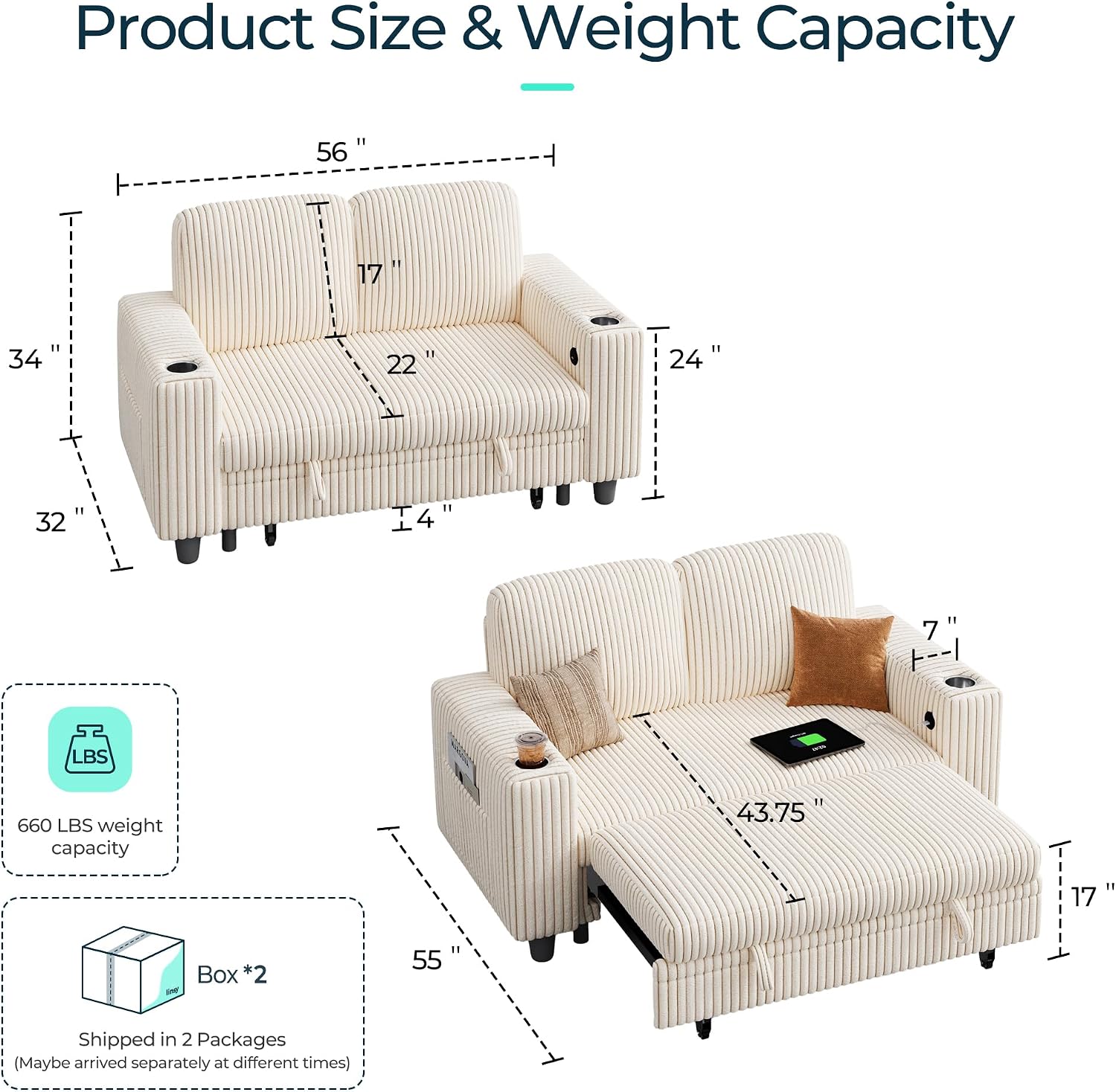 LINSY HOME Loveseat Sofa Couch with USB Charging & Cup Holders, Convertible Pull Out Couch Chaise 2 Seater Sofa, Comfy Plush Corduroy Love Seat for Small Spaces Living Room Apartment (Beige)