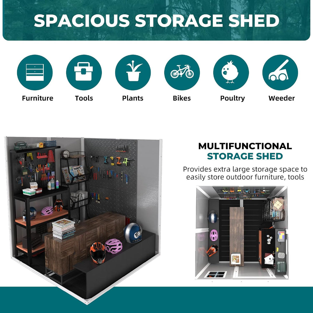 6x6 FT Resin Storage Shed, Waterproof Plastic Storage Shed with Floor & Window, All Weather Outside Tool Storage Cabinet with Lockable Doors and Vents for Bike, Garden, Backyard Lawn, Light Grey