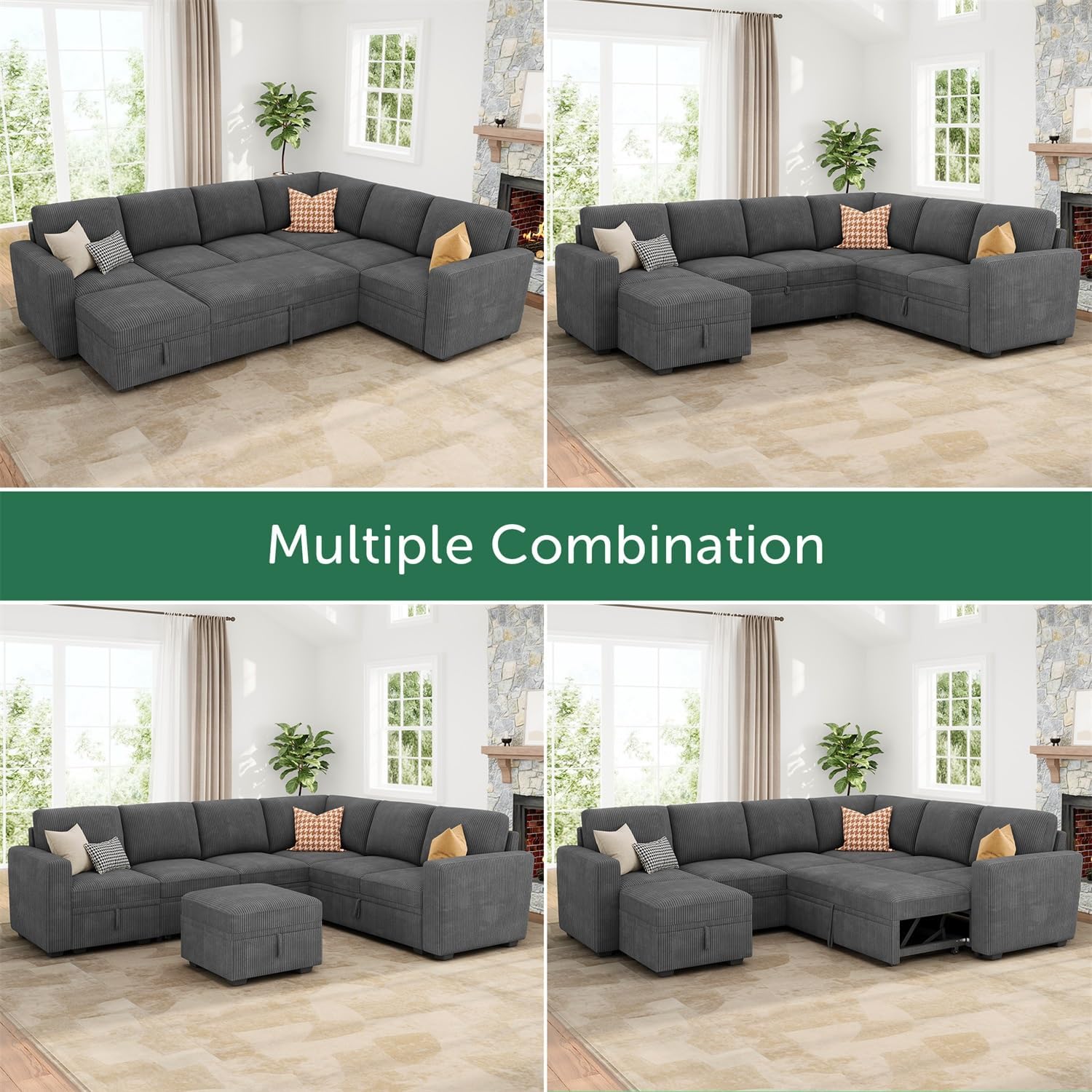 HONBAY Modular Sectional Couch with Pull Out Bed, Corduroy Sleeper Sofa with Storage Ottoman, U Shaped Sectional Couches for Living Room, Dark Grey