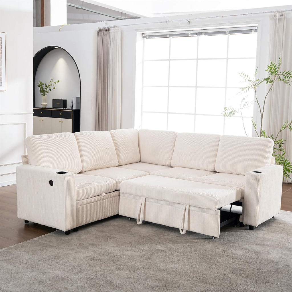 Modular Sectional Sleeper Sofa with Pull Out Bed, L Shaped Couch with Storage Chaise, USB Ports and Cup Holders, Comfy Corduroy Sectional Couches for Living Room, Bedroom and Apartment