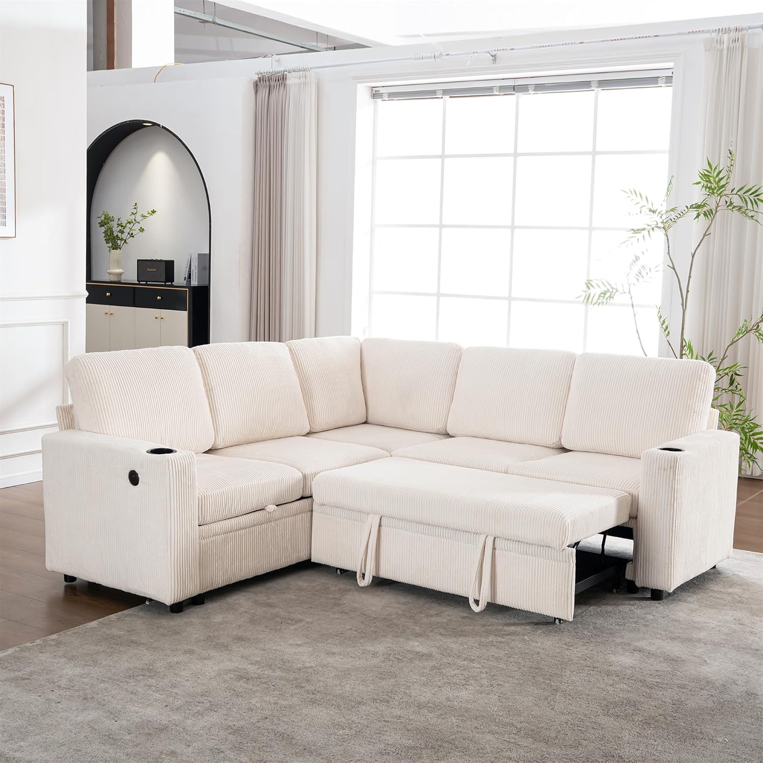 Modular Sectional Sleeper Sofa with Pull Out Bed, L Shaped Couch with Storage Chaise, USB Ports and Cup Holders, Comfy Corduroy Sectional Couches for Living Room, Bedroom and Apartment