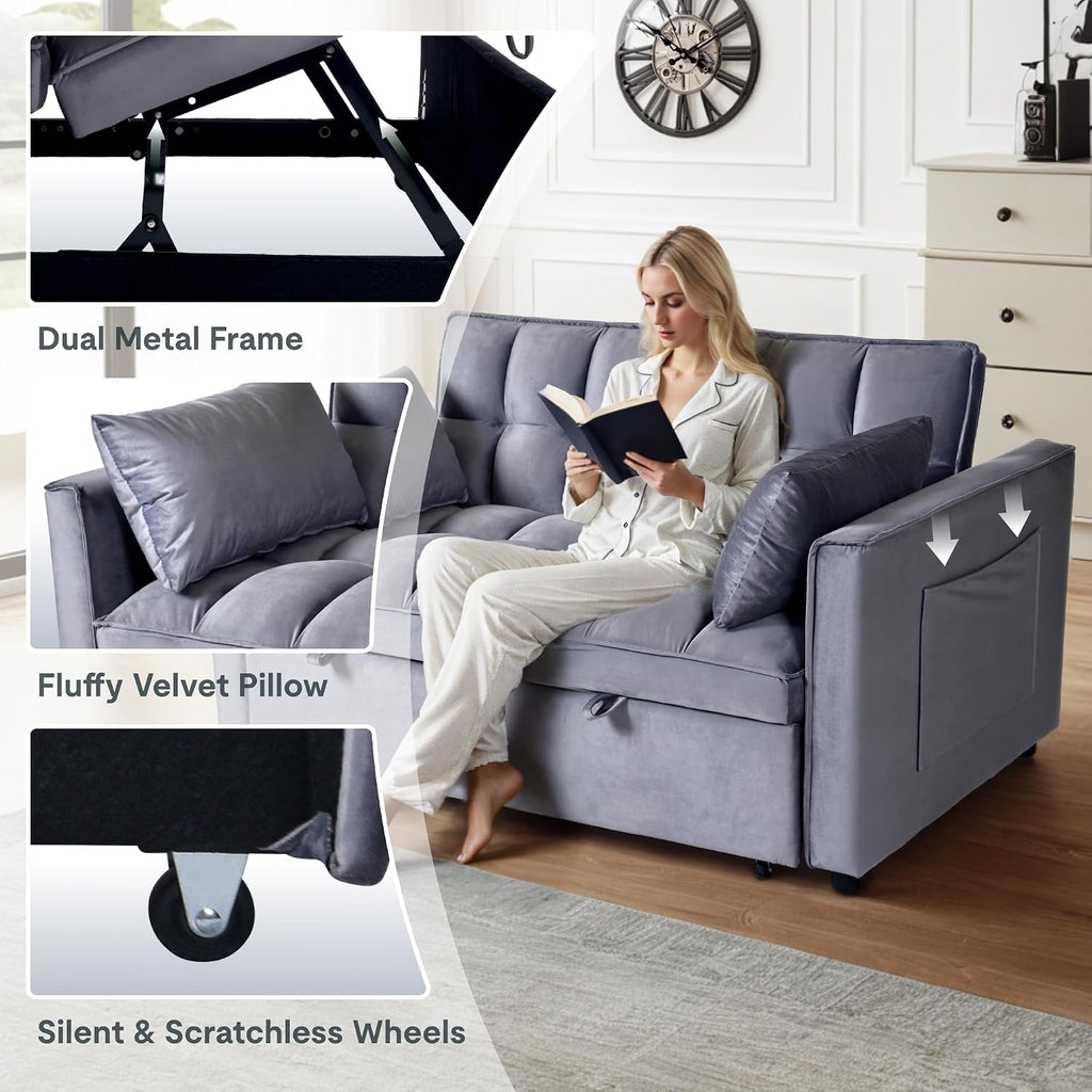 FLEXISPOT XCT4 Pull Out Couch, 3-in-1 Sleeper Sofa Bed with Adjustable Backrest, Loveseat Sleeper with Pillows & Side Pockets, Convertible Futon Couch for Small Spaces Guest Room Apartment, Gray