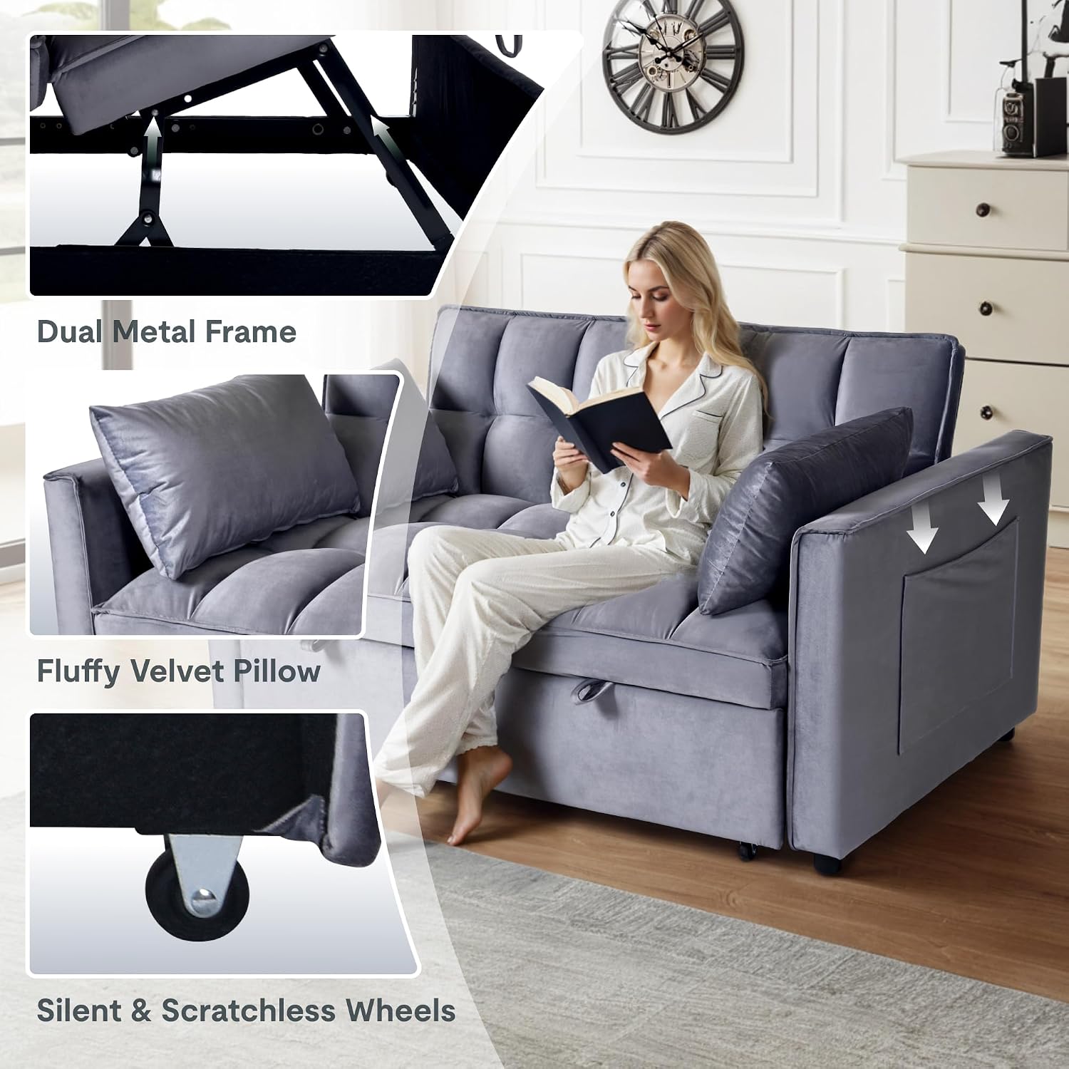 FLEXISPOT XCT4 Pull Out Couch, 3-in-1 Sleeper Sofa Bed with Adjustable Backrest, Loveseat Sleeper with Pillows & Side Pockets, Convertible Futon Couch for Small Spaces Guest Room Apartment, Gray