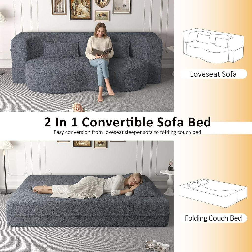 CAPCAEK Convertible Sleeper Sofa Bed,15' Thick Full Size Folding Floor Couch with 2 Pillows, Teddy Fabric Foam-Filled Futon Loveseat Couch for Living Room, Guest Use, Office, Apartmen (Grey)