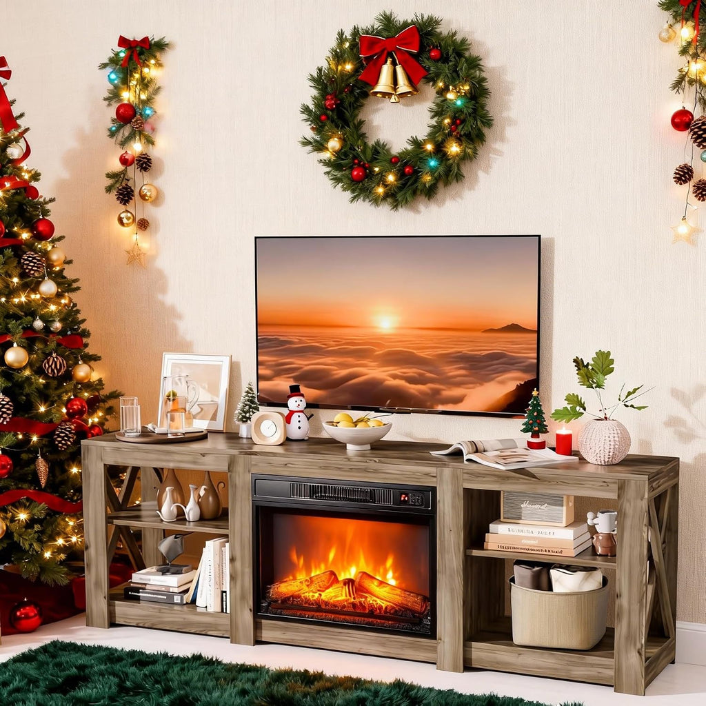 Bonnlo Fireplace TV Stand for TVs up to 80', Rustic Farmhouse Entertainment Center with Electric Heater & Adjustable Shelves, TV Console with Fireplace for Living Room, Gray Oak