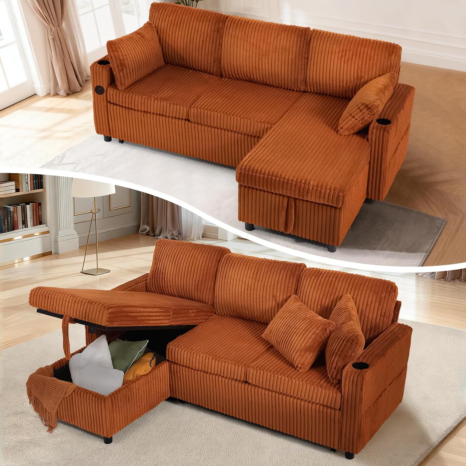 84' Corduroy Sectional Sleeper Sofa Bed w/Adjustable Backrests & USB Charging Port, L-Shape Couch Bed w/Storage Chaise, Convertible 3 Seater Sofa w/Cup Holders for Living Room, House, Orange