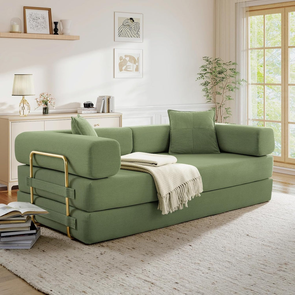 Modular Couch Bed, Convertible Folding Plush Corduroy Comfy Floor Memory Foam Compression Loveseat Sleeper Sofa Couch, King Size Bed for Guest Room Living Room Bedroom, No Assembly, Olive Green