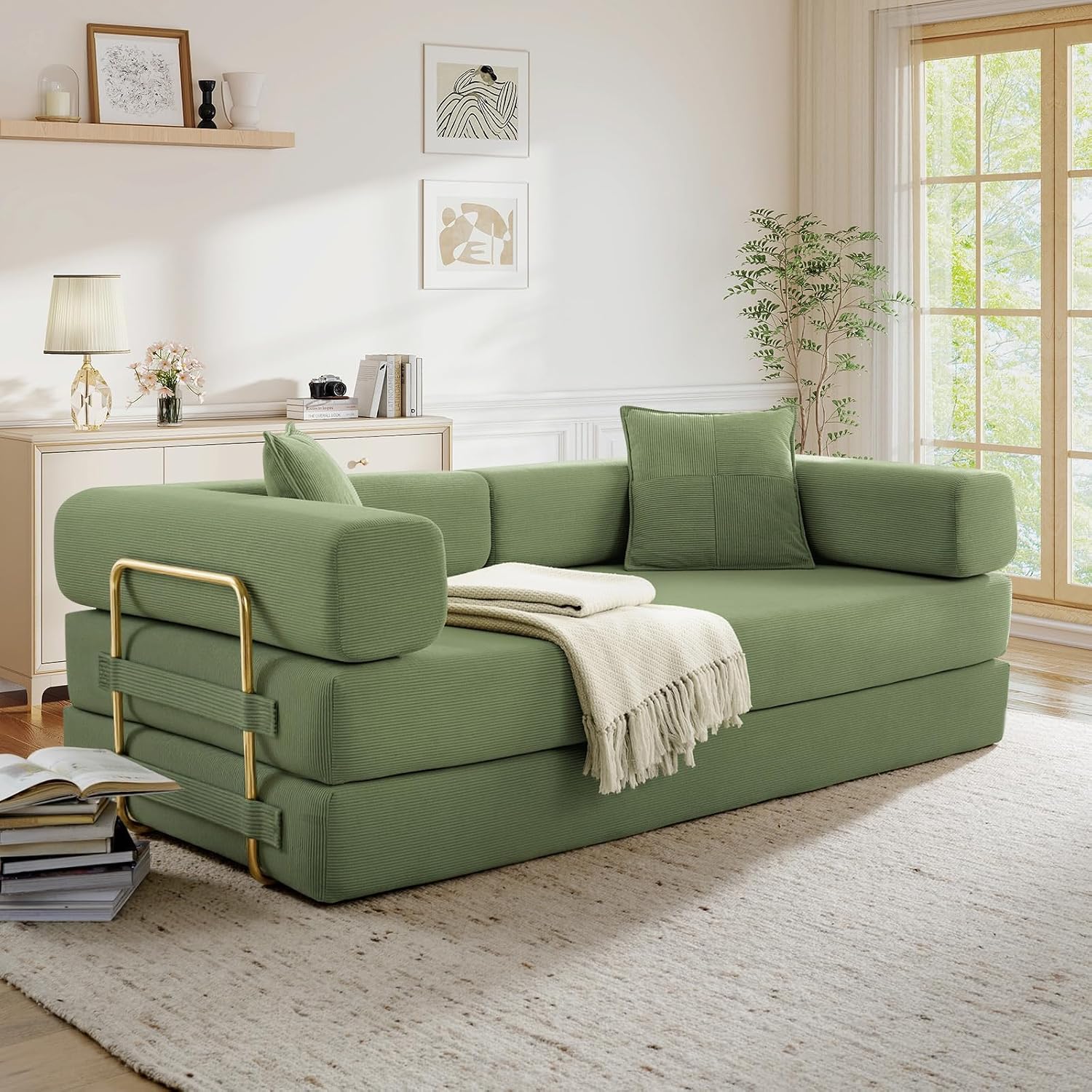Modular Couch Bed, Convertible Folding Plush Corduroy Comfy Floor Memory Foam Compression Loveseat Sleeper Sofa Couch, King Size Bed for Guest Room Living Room Bedroom, No Assembly, Olive Green