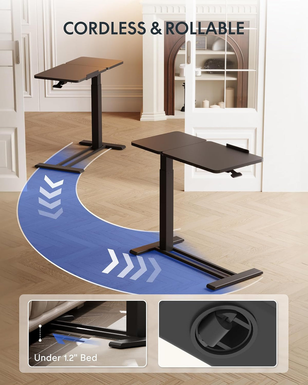 FLEXISPOT Adjustable Height C-Shaped End Table with Split Tilting Top – Mobile Side Table for Sofa & Bedside, Slides Under Furniture, Hidden Wheels for Small Spaces(31.6' W x 15.7' D,Black)