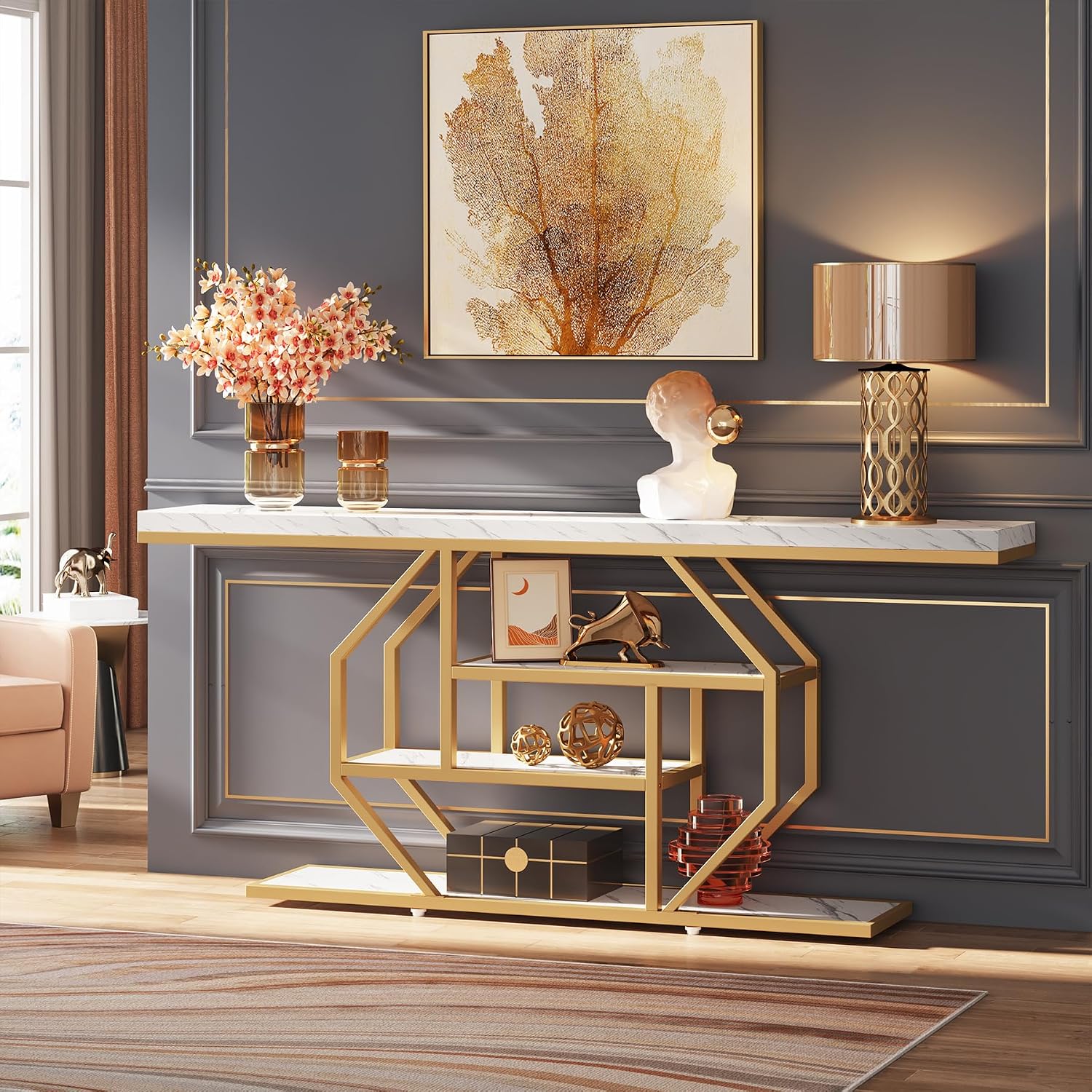 Tribesigns 70.9 inch Extra Long Console Table, Modern Gold Sofa Table Behind Couch with Storage, 4 Tier Entryway Accent Table for Living Room, Hallway, Entrance, Faux Marble White