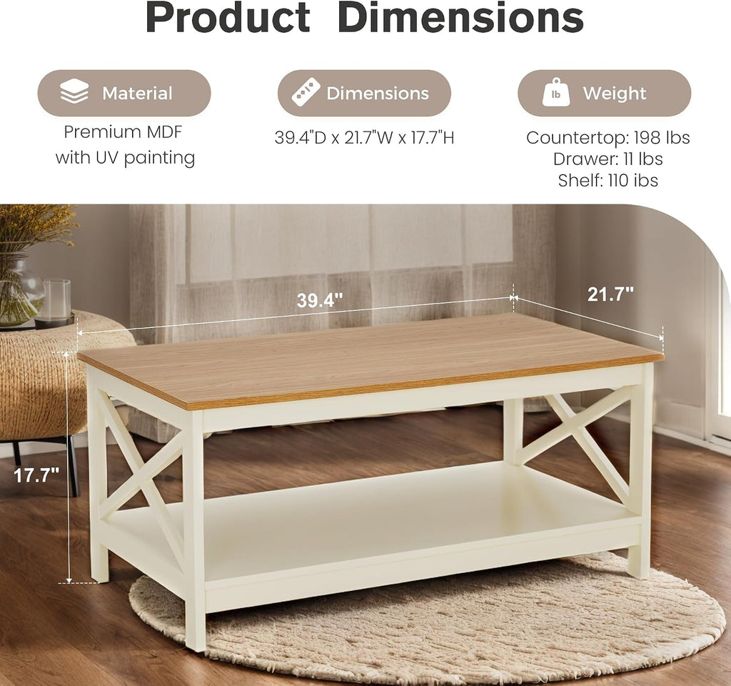 PHI VILLA Farmhouse Coffee Table for Living Room, White Coffee Tables with Storage Rustic Style Modern