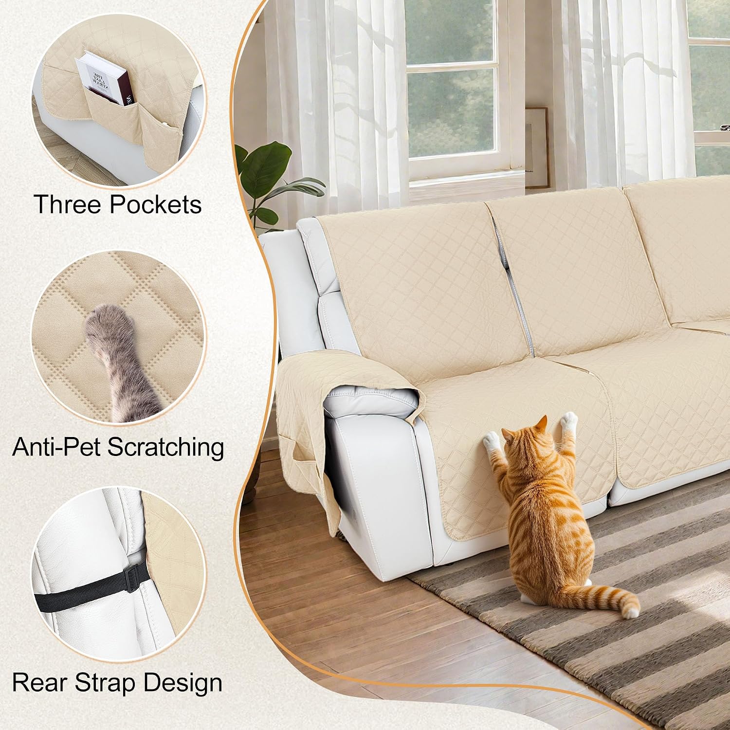 HDCAXKJ 100% Waterproof Reclining Sectional Couch Covers L Shape Recliner Sofa Cover Washable Quilted Soft Pet Corner Recliner Slipcovers with Pockets (XXL 5 Seat and 1 Middle Console, Light Beige)