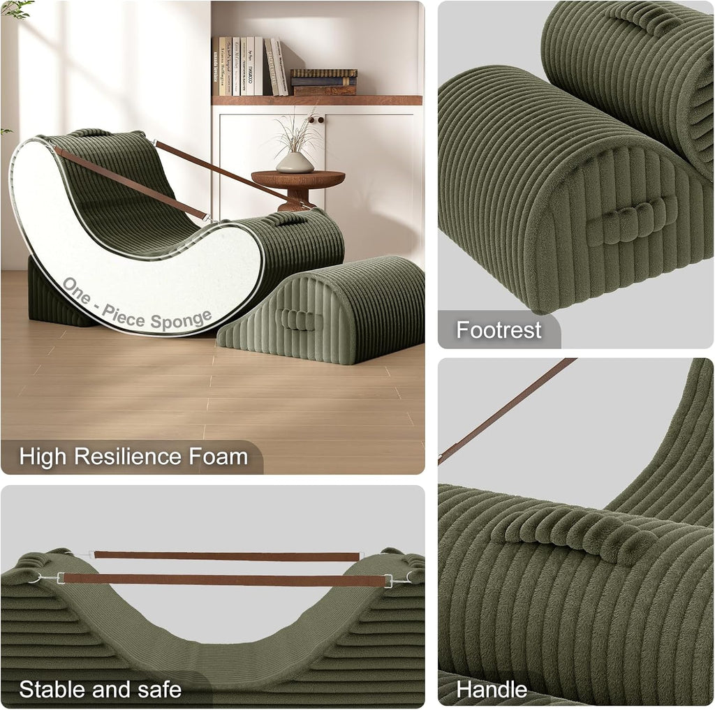 3-in-1 Adjustable Zero Gravity Floor Chair, Oversized Corduroy Boneless Chair for Adults with Memory Foam & Washable Cover, Silent Rocker Recliner Lounge Chair for Reading, Nursing, Gaming, Green