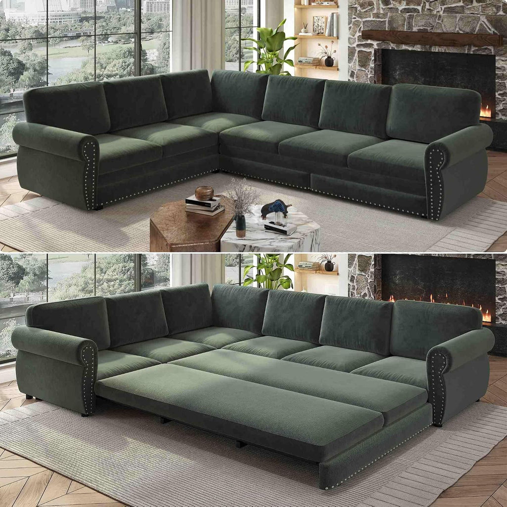 118'' Pull Out Couch, Convertible Sleeper Sofa Bed, Upholstered Sectional Sofa, Chenille L-Shaped Couch with Nailhead Trim, 6-Seater Modern Sectional Couches for Living Room, Apartment, Green