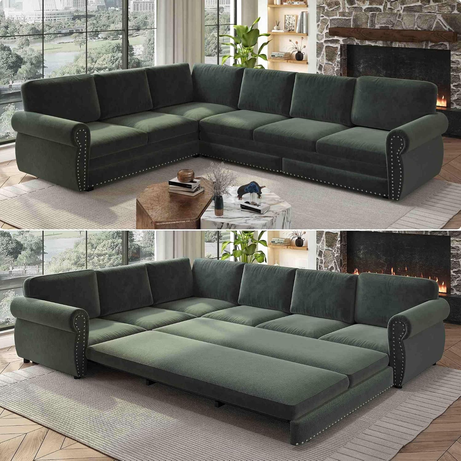 118'' Pull Out Couch, Convertible Sleeper Sofa Bed, Upholstered Sectional Sofa, Chenille L-Shaped Couch with Nailhead Trim, 6-Seater Modern Sectional Couches for Living Room, Apartment, Green