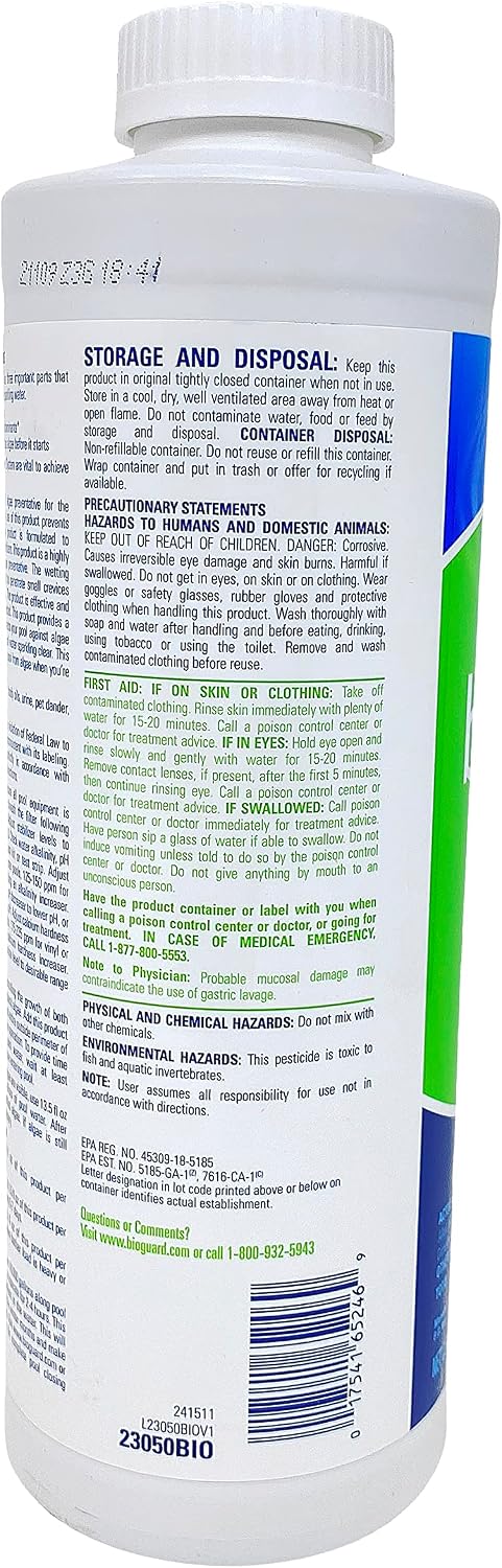 BioGuard Back Up 2-1 Quart, Pack of 4, Proven Effective Algae Preventative, Non-Staining, Keeps Water Clean and Clear