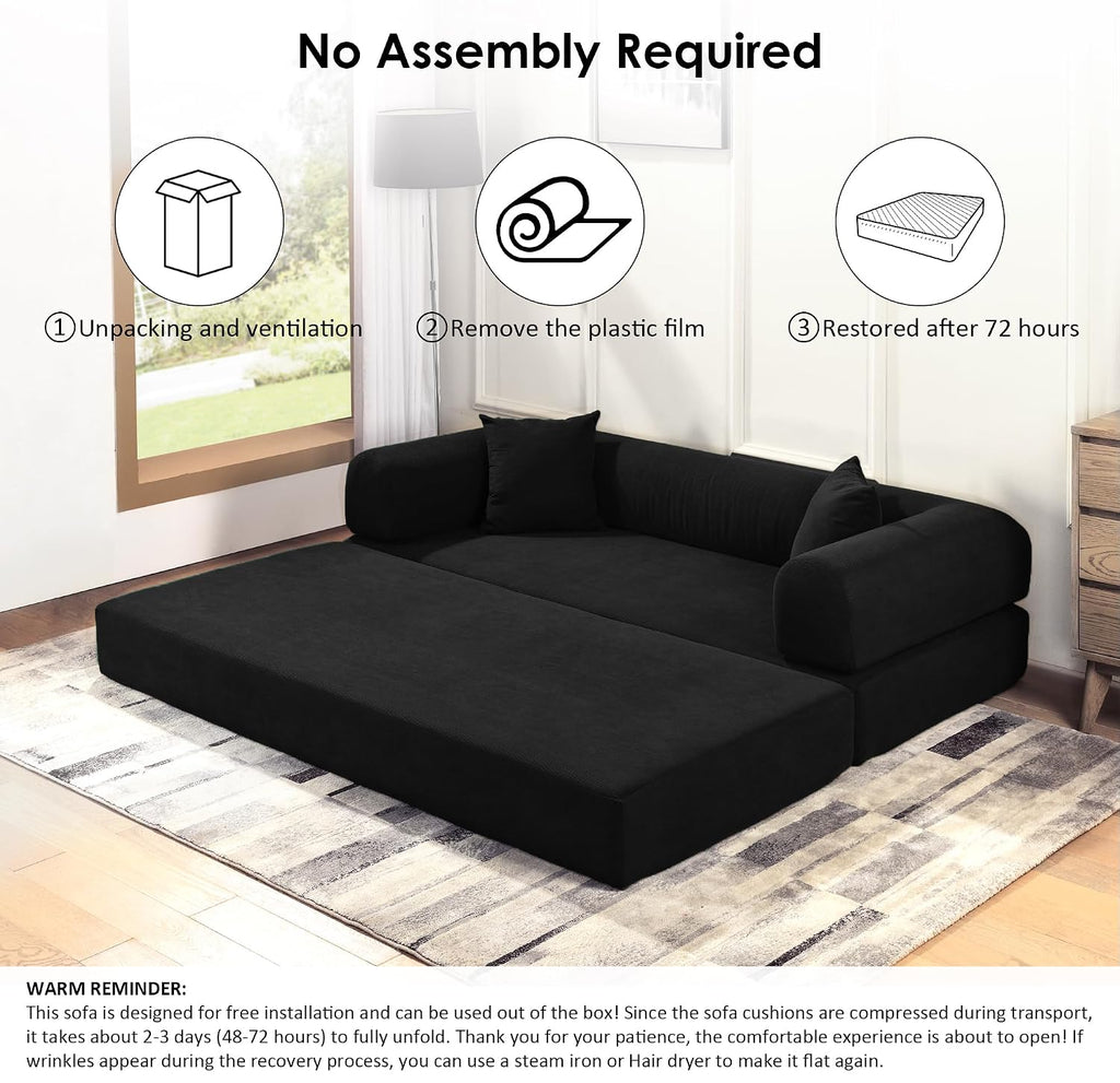 80' Convertible Sofa Bed, Corduroy Deep Seat Folding Pull Out Couch with Pillows, No Assembly Modern Boneless Couch Compression Sofa in Box, Floor Sofa with Storage Pocket for Living Room,Black