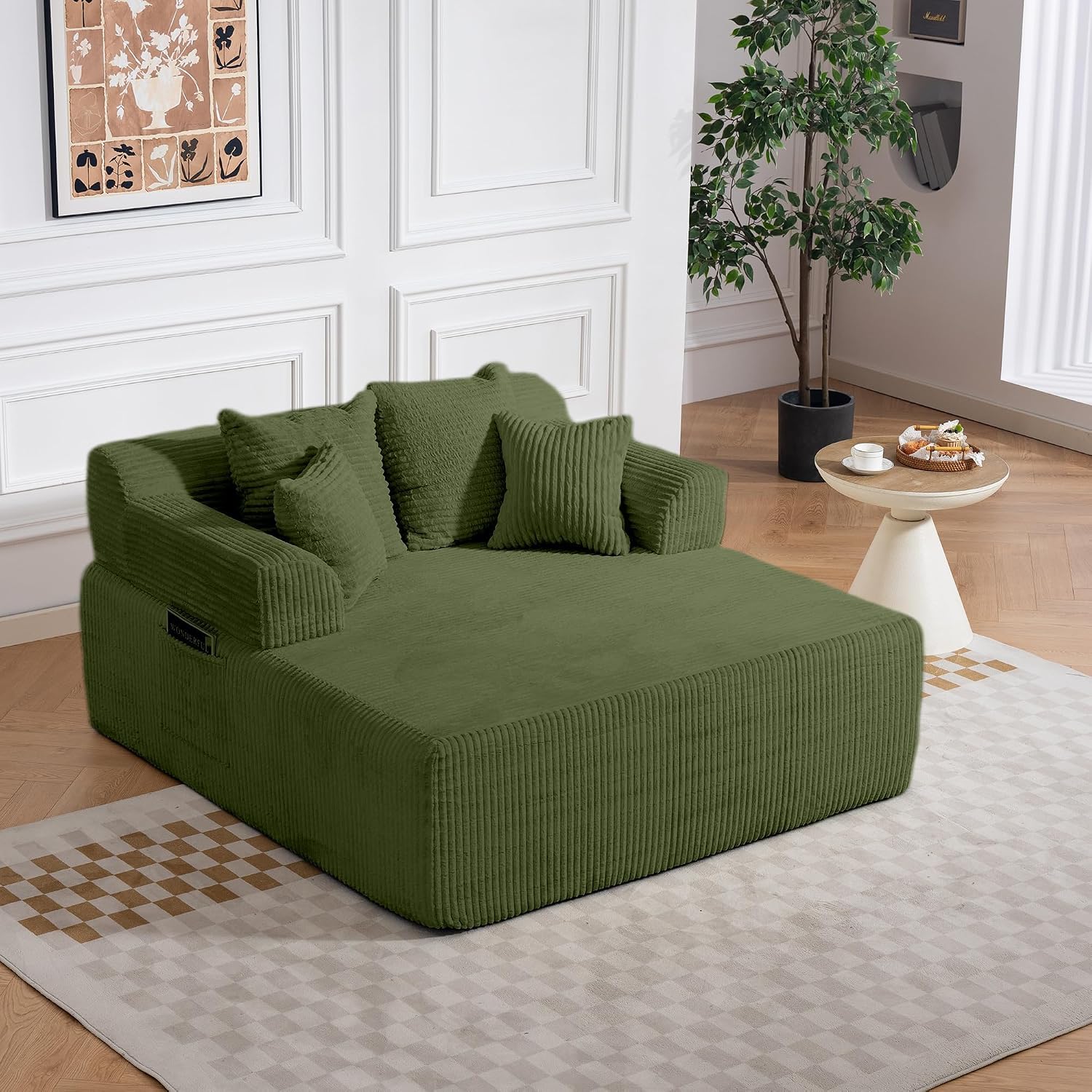 58' Chaise Lounge Chair Indoor, Green - Oversized Corduroy Boneless Sleeper Sofa Bed with Armrests and 4 Pillows, No Assembly for Living Room