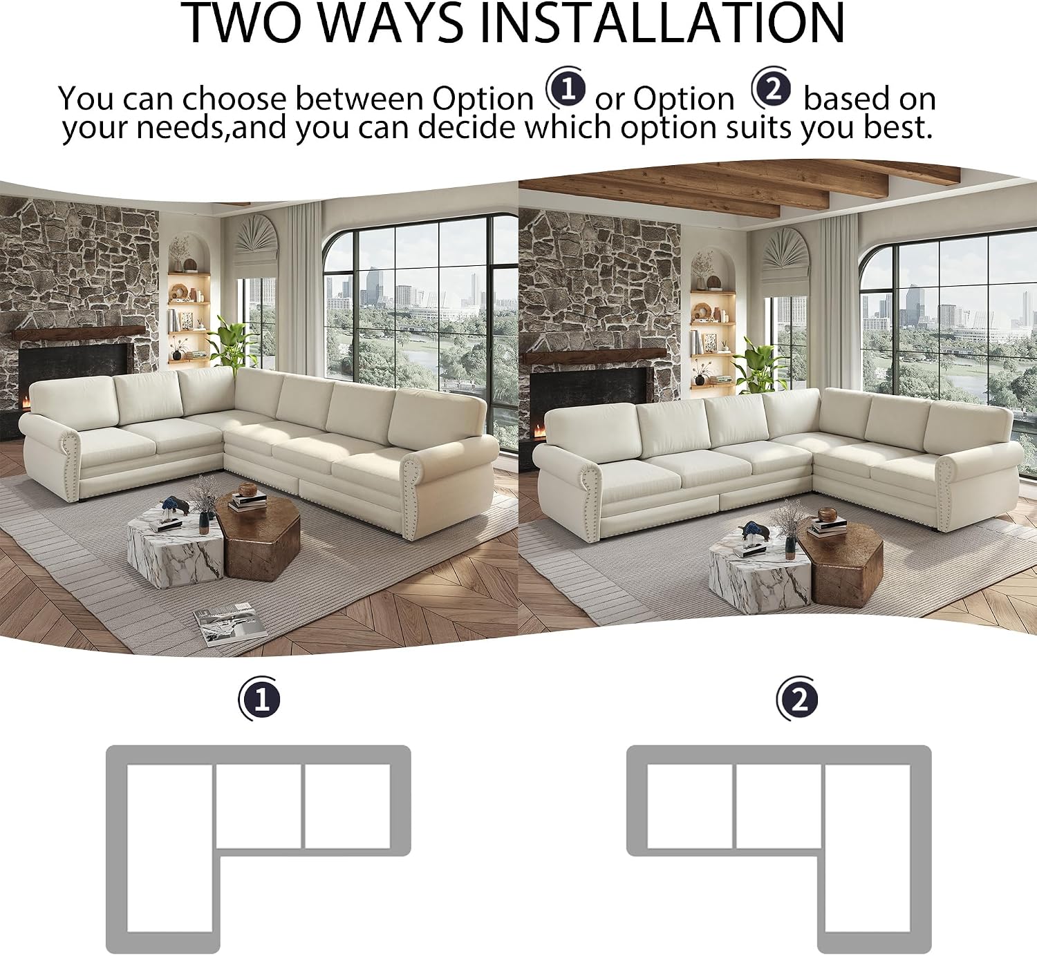 118'' Sleeper Sofa Bed, Convertible Pull Out Couch, Upholstered Sectional Sofa, Chenille L-Shaped Couch with Nailhead Trim, 6-Seater Modern Sectional Couches for Living Room, Apartment, Beige