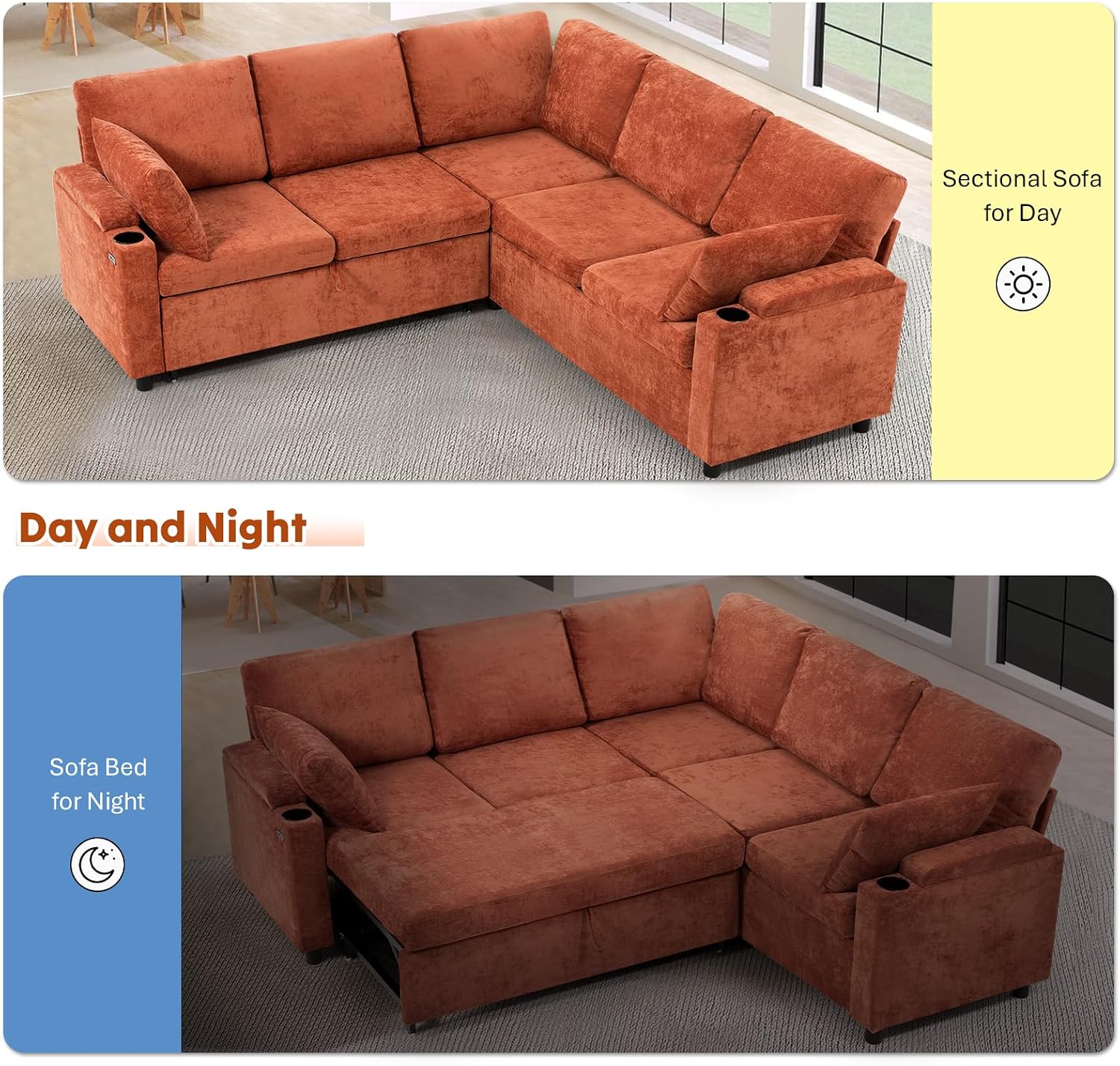 85' Chenille Reversible Sectional Sofa w/Pull-Out Bed, Upholstery L Shaped Couch w/Storage Armrests & Cup Holders, Modern Corner Sofa w/USB Charging Port & Throw Pillow for Living Room, Orange