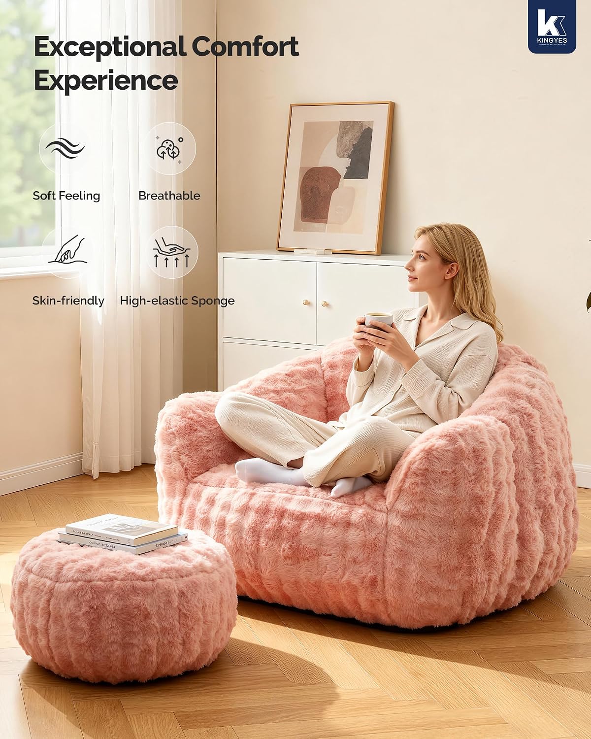 KINGYES Giant Bean Bag Chair with Ottoman, 3 in 1 Bean Bag Couch with Memory Foam Filler,Gaming Chair for Adults, Bean Bag for Kids & Teen, Pink