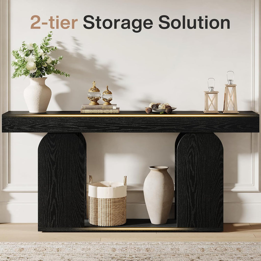 Tribesigns Farmhouse Wood Console Table, 70.9-Inch Entryway Accent Table with U-Shaped Base, 2-Tier Extra Long Sofa Tables for Entrance, Hallway, Living Room (Black)