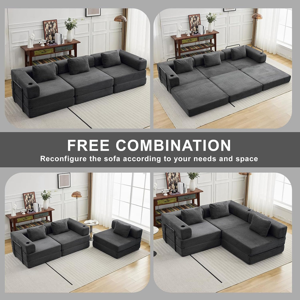 118' Oversized Convertible Floor Sofa Bed, Boneless Foldable Mattress Cloud Couch with Pillow Back & Armrest, Fold Out Floor Couch with Cup Holder for Living Room Bedroom Lounge, Corduroy, Dark Grey