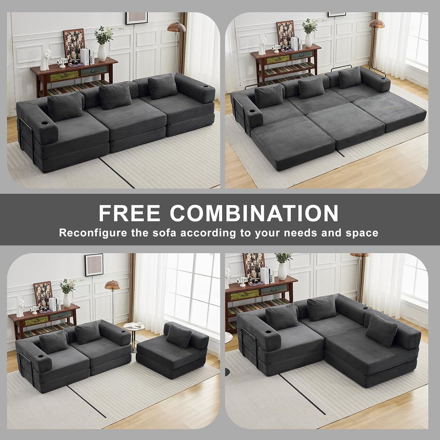 118' Oversized Convertible Floor Sofa Bed, Boneless Foldable Mattress Cloud Couch with Pillow Back & Armrest, Fold Out Floor Couch with Cup Holder for Living Room Bedroom Lounge, Corduroy, Dark Grey