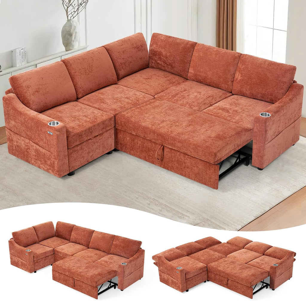 84' L-Shape Sectional Sofa Bed w/Adjustable Backrests, Chenille L-Shape Upholstered Pull Out Sofa Bed w/USB Ports, Convertible Corner Sleeper Couch w/Storage Space for Living Room, Orange