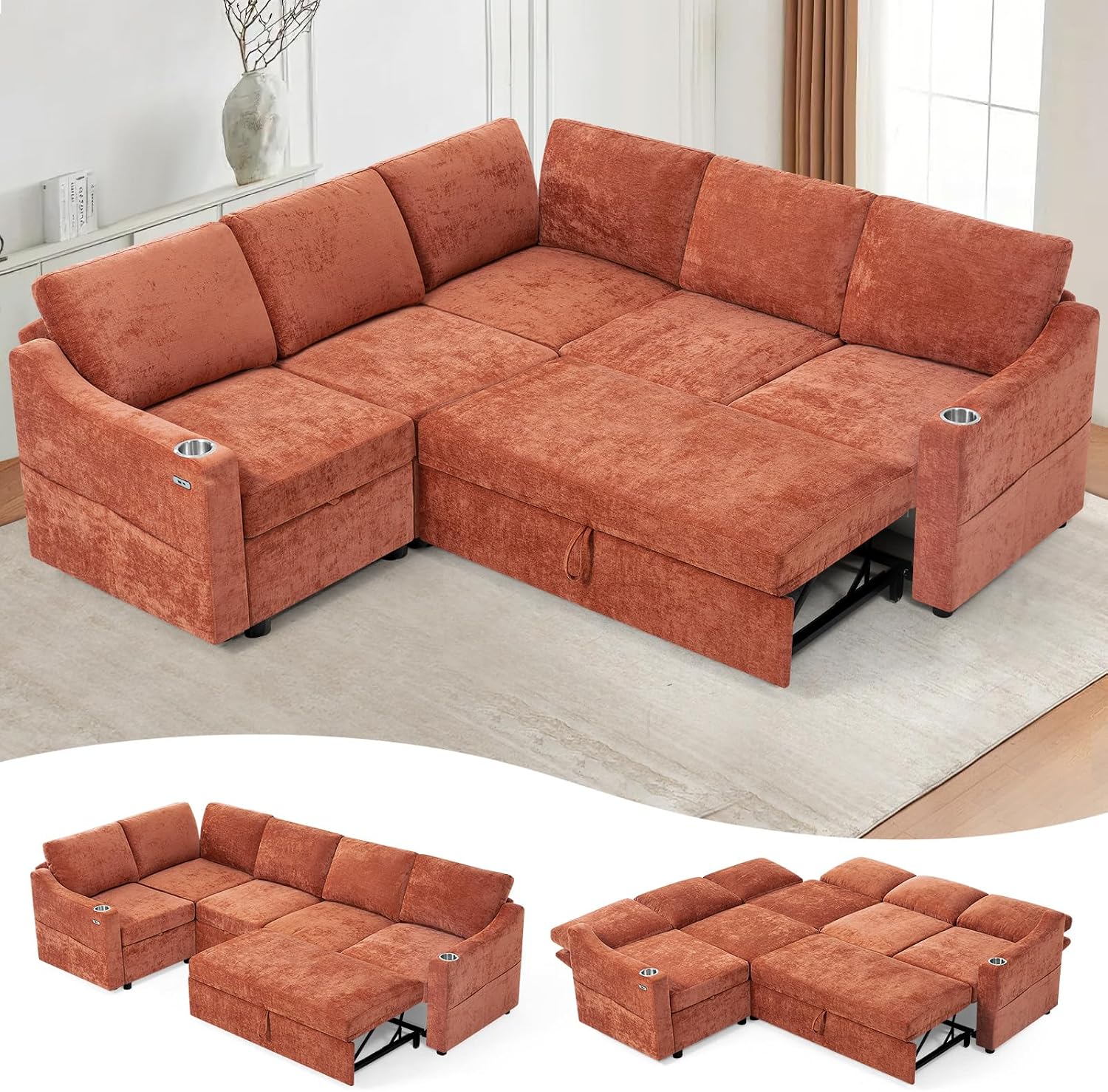 84' L-Shape Sectional Sofa Bed w/Adjustable Backrests, Chenille L-Shape Upholstered Pull Out Sofa Bed w/USB Ports, Convertible Corner Sleeper Couch w/Storage Space for Living Room, Orange