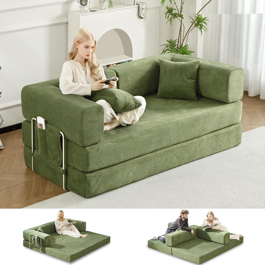 GEARIVY Folding Sofa Bed Convertable Corduroy Couch King Size Floor Sleeper 4-in-1 DIY Combination Modular Sofa Fold Out Futon Lounge Comfy Foldable Lazy cama for Living Room (Green, 70.86')