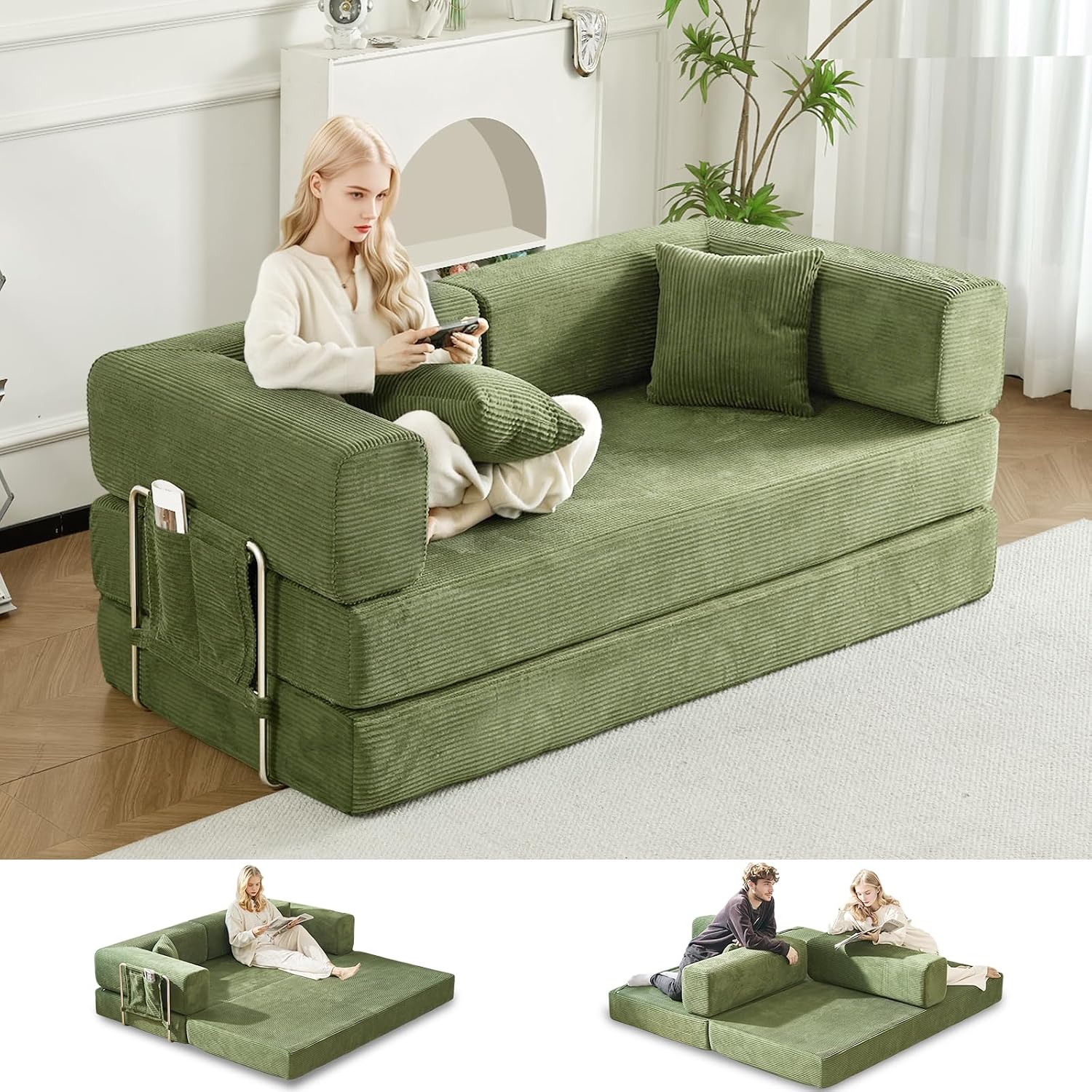 GEARIVY Folding Sofa Bed Convertable Corduroy Couch King Size Floor Sleeper 4-in-1 DIY Combination Modular Sofa Fold Out Futon Lounge Comfy Foldable Lazy cama for Living Room (Green, 70.86')