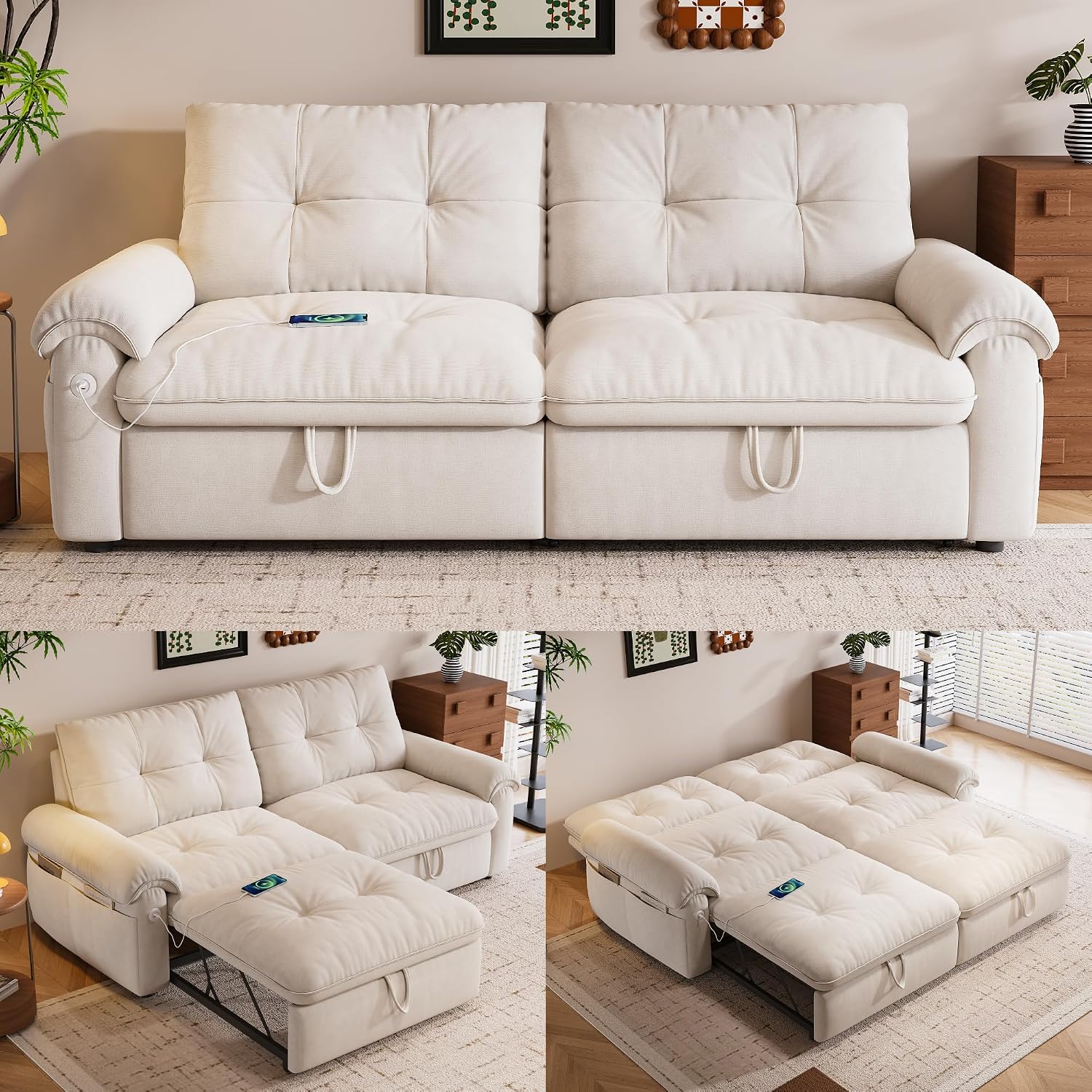77' Sleeper Sofa Bed, Convertible Pull Out Couch with Velvet Fabric, 3-in-1 Loveseat L Shaped Couch Bed with Adjustable Backrest, Side Pocket & USB Ports for Living Room Apartment, White